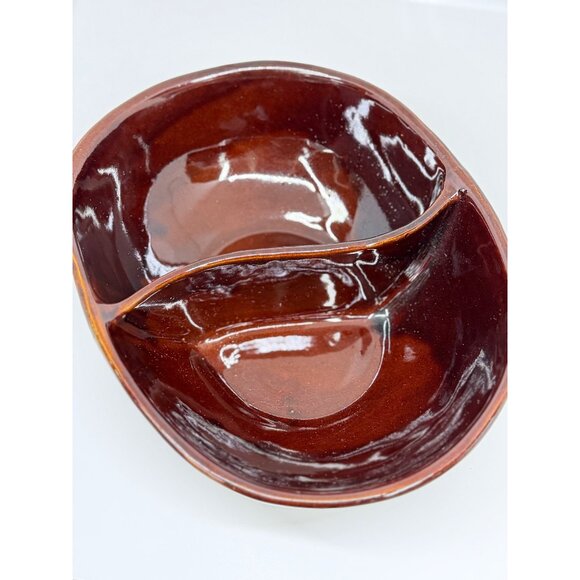 VTG 1950s Marcrest Daisy Dot Brown Stoneware Divided Serving Dish 9.5" USA Decor - Picture 5 of 7